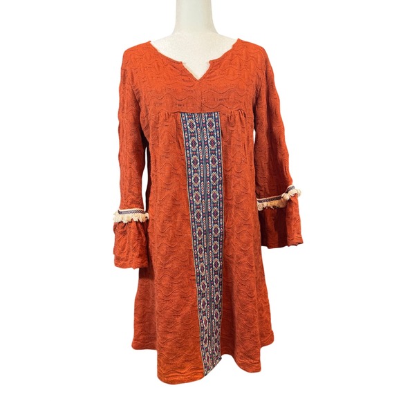 Hayden Los Angeles Dresses & Skirts - Hayden Los Angeles Shift Dress Rust Orange Boho Bell Sleeve Fringe Size Large
